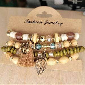 4 piece Stacking Bracelet Set, wood, ceramic, glass, charms